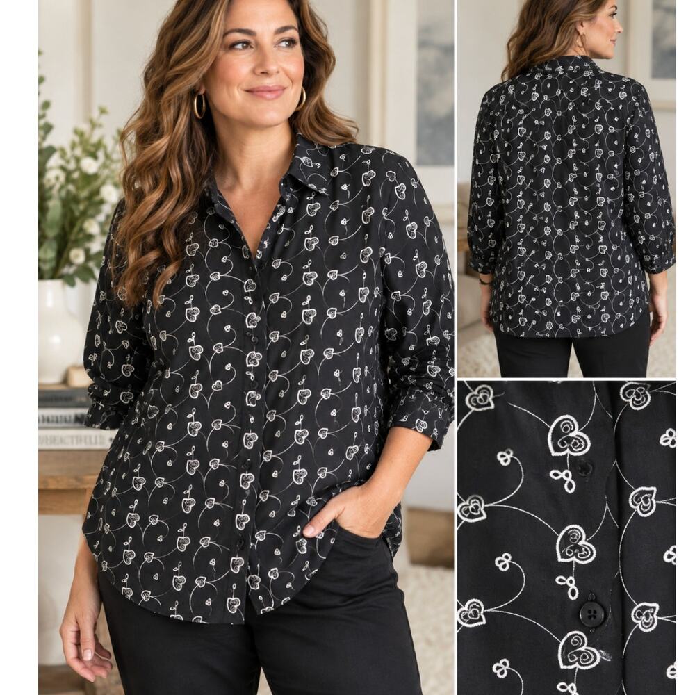 Foxcroft Womens Button Up Shirt Black Embroidered Hearts Plus Size 14 Blouse